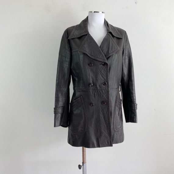 70s Vintage Brown Leather Jacket, Double Breasted Leather Coat, Double Breast Leather Jacket, Vintage Brown Leather Trench Coat
