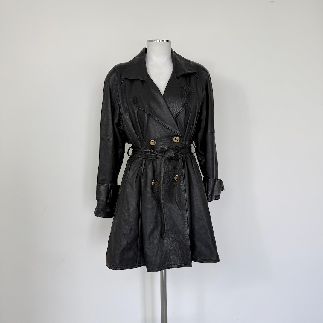 Vintage 90s Black Leather Trench Coat, Oversized Trench Coat