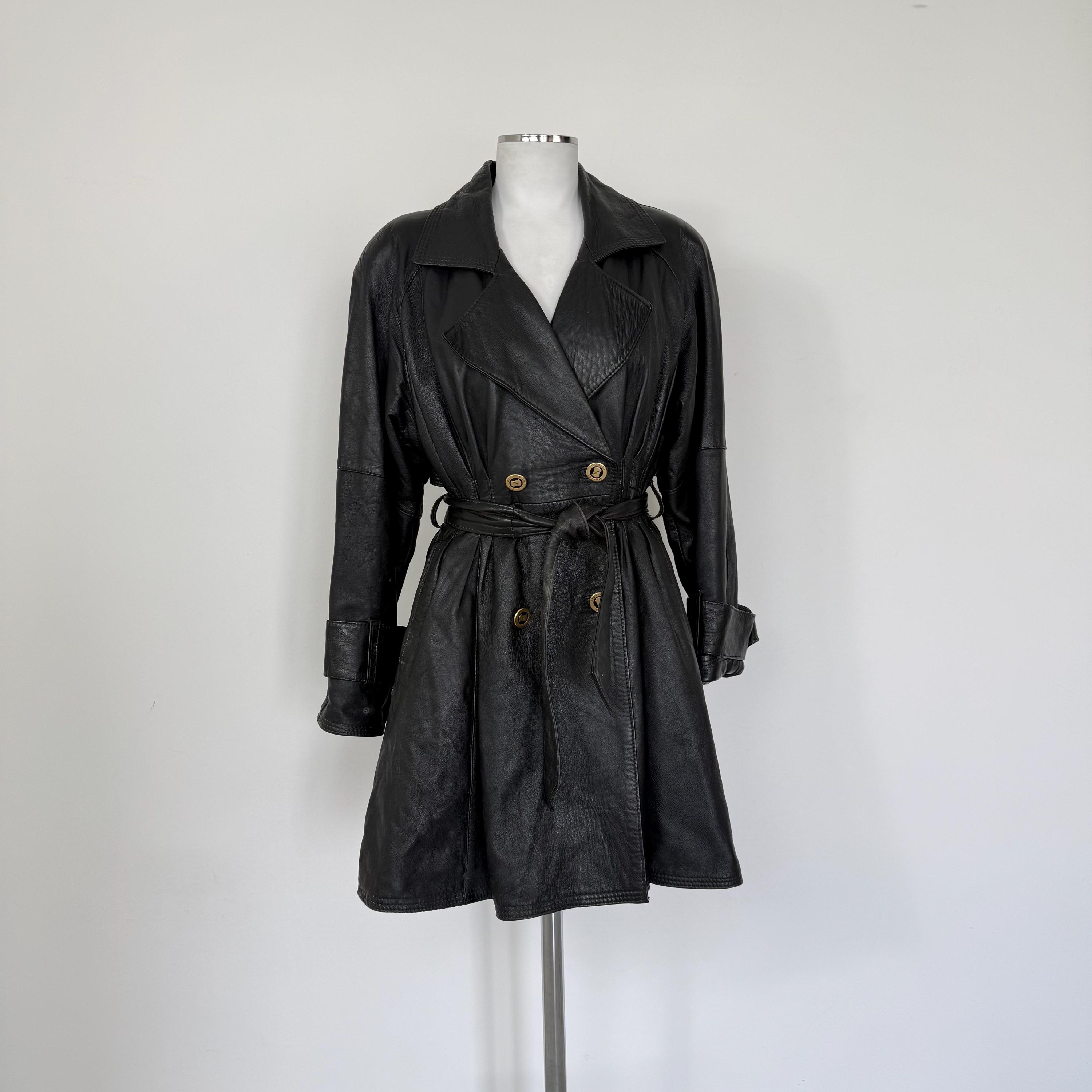 Vintage 90s Black Leather Trench Coat, Oversized Trench Coat