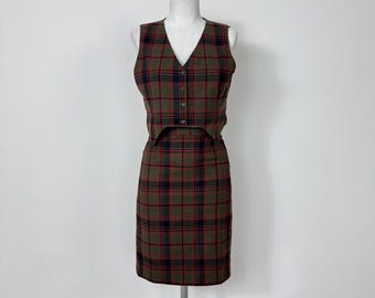 Traje de falda a cuadros de lana vintage: conjunto de dos piezas de cintura alta de los años 70 y 80