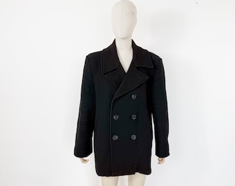 Vintage Black Wool Peacoat Nautical Anchor Buttons 90s Grunge Goth