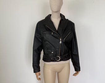 Vintage 90s Black Leather Biker Jacket: Medium, Zippers & Buckles