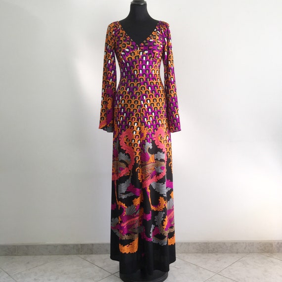 70s vintage dress, full length dress, 70s maxi dre