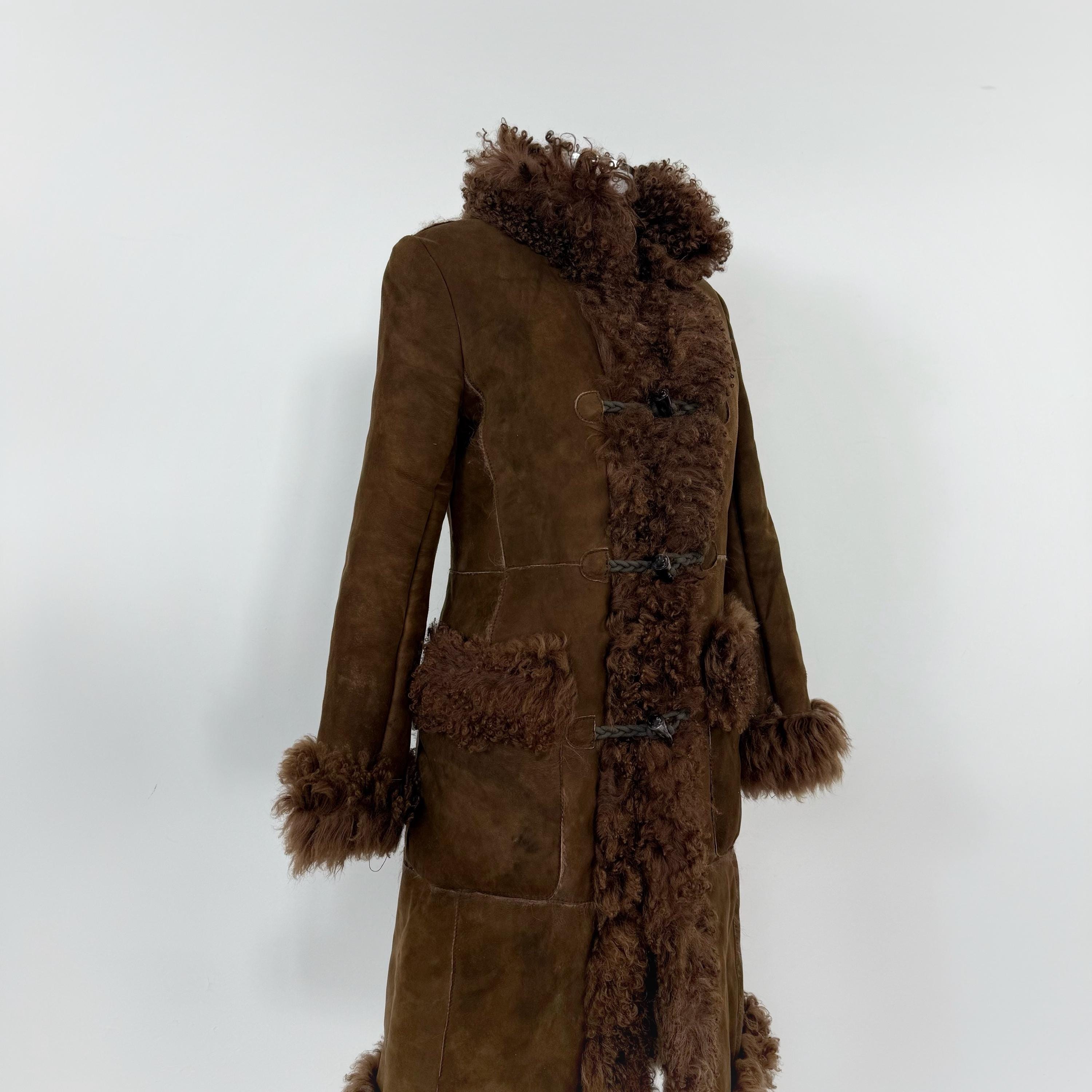 Vintage 70s Suede Afghan Coat, Shearling Fur Trim, Boho Hippie