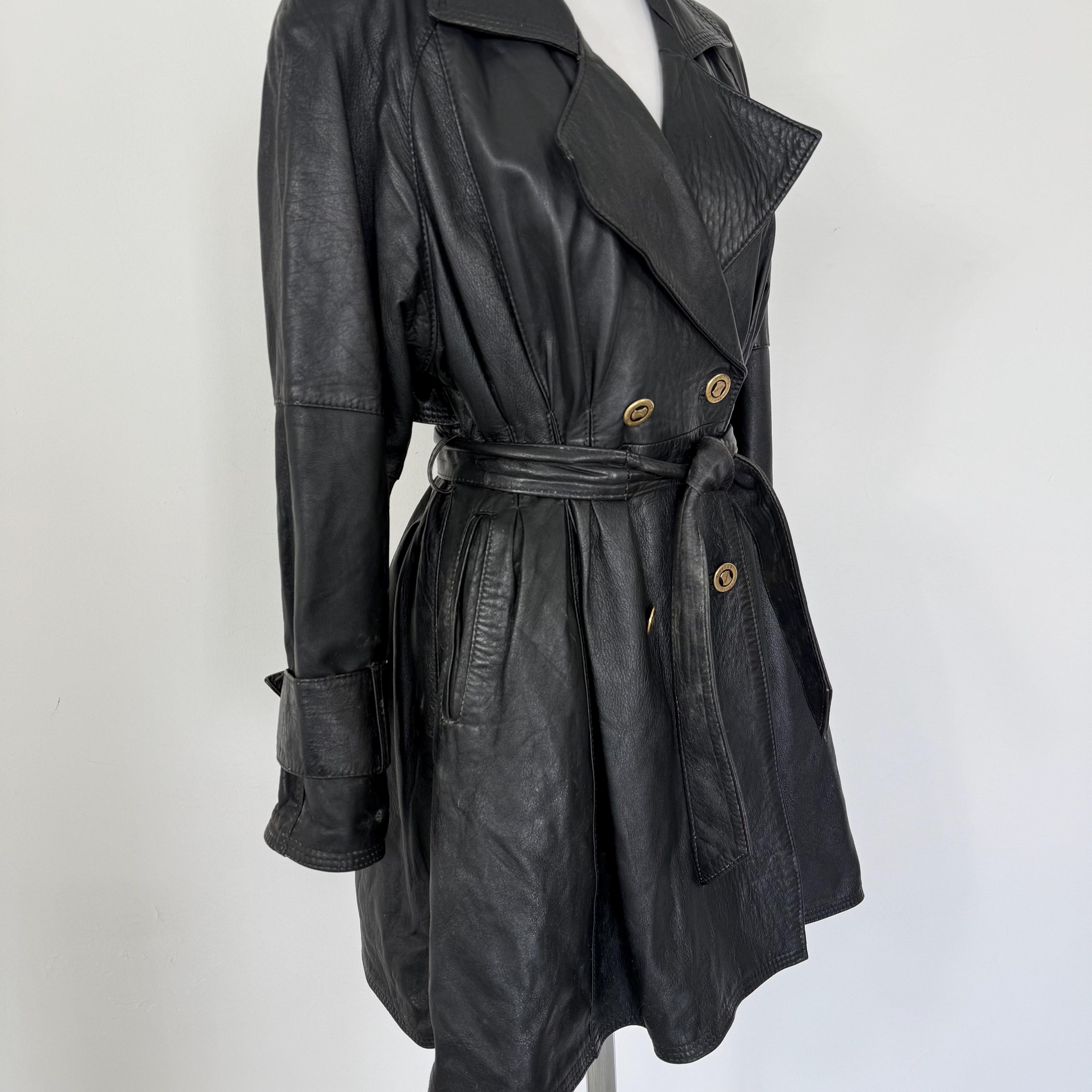 Vintage 90s Black Leather Trench Coat: Oversized Double Breasted
