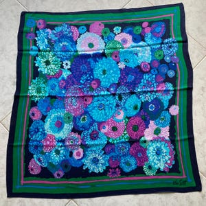 Vintage KEN SCOTT silk scarf, pure silk scarf, floral scarf, colorful scarf, floral silk scarf, blue and green scarf, hair scarf silk