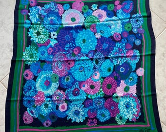 Vintage KEN SCOTT Silk Scarf, Blue Green Floral Print, floral silk scarf