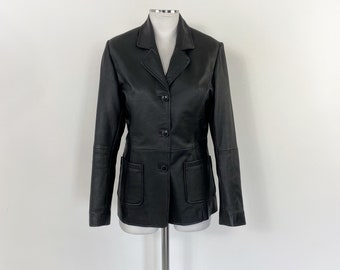 Vintage black leather blazer, fitted leather blazer, black leather jacket, womens blazer, black fitted blazer, black blazer women
