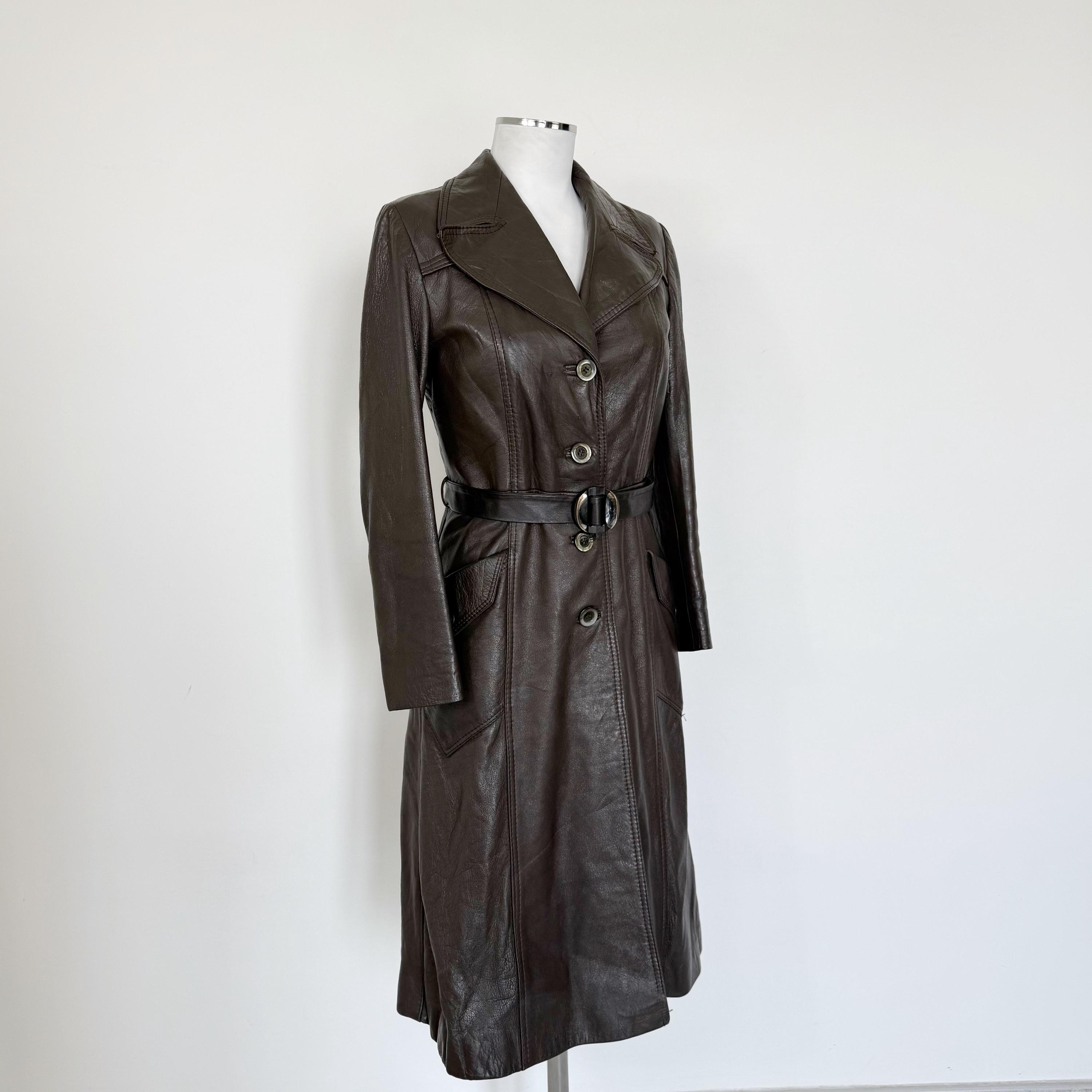 Vintage 70s Brown Leather Trench Coat, Belted Leather Trench