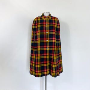 60s 70s vintage plaid cape coat, wool cape, winter cape, retro cape, red tartan cape, vintage cape coat, plus size cape, checked cape