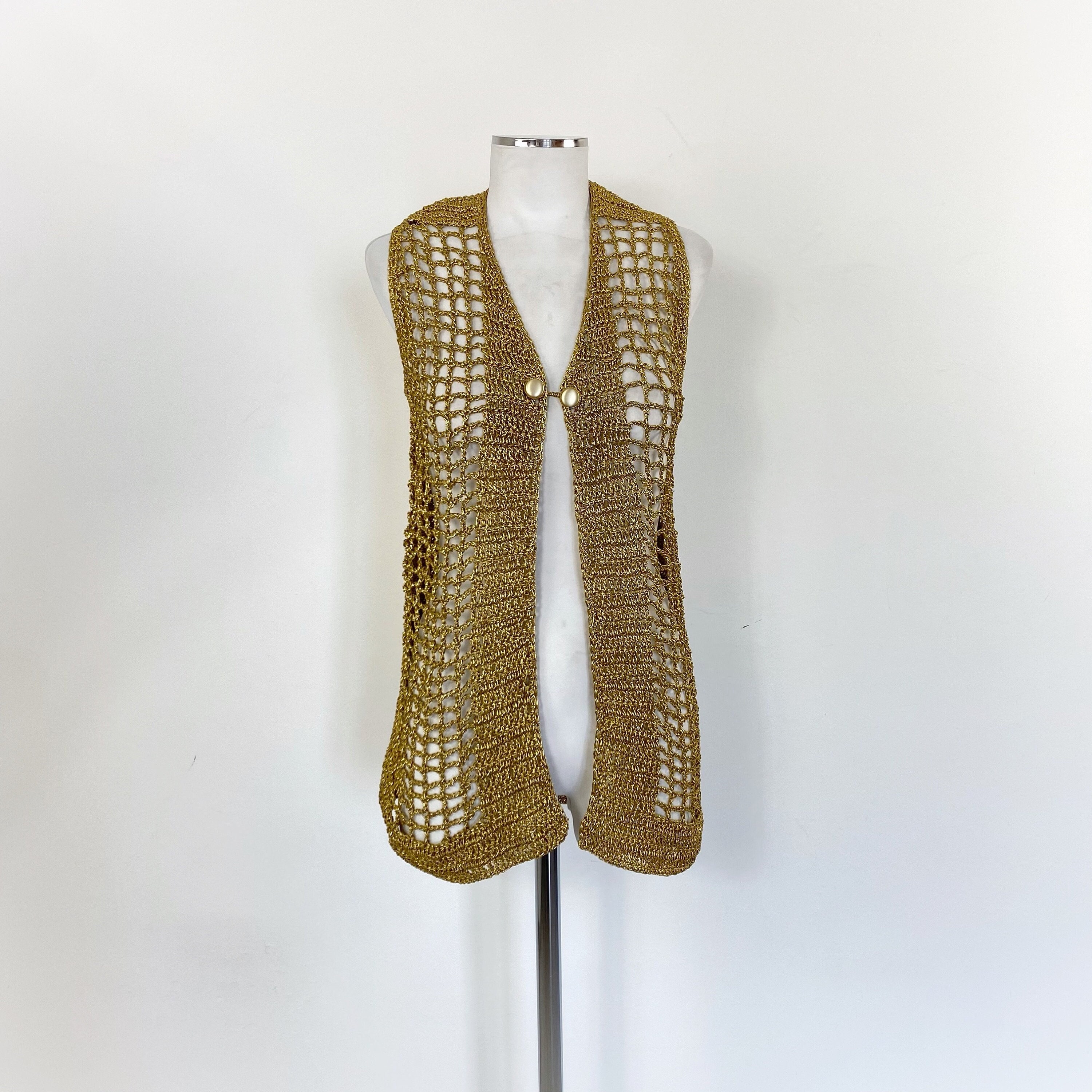 Vintage 60s Long Lurex Vest, Gold Lurex Knit Cardigan, Gold