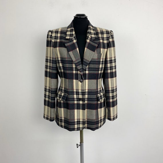 90s vintage plaid wool blazer, black and white bla