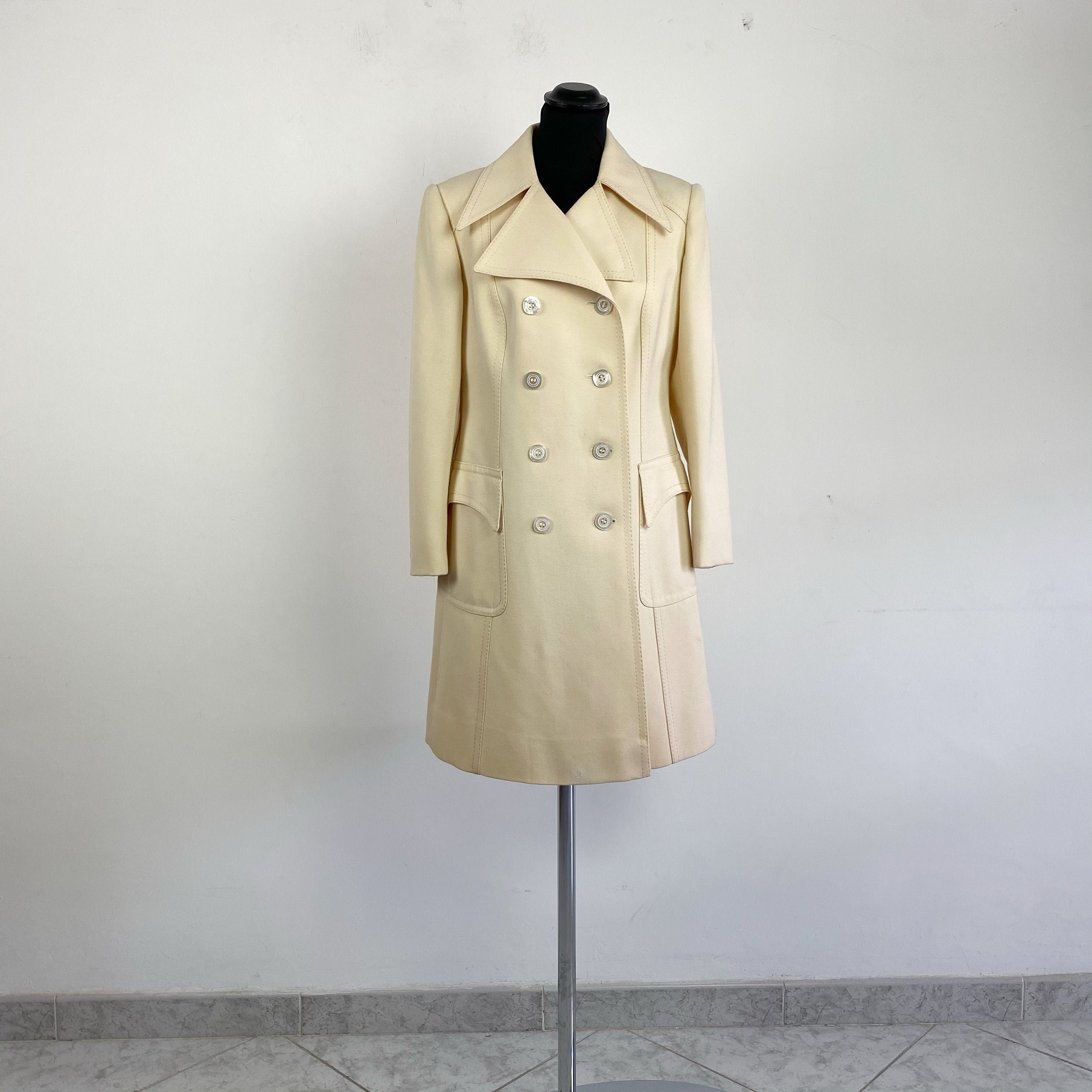 Vintage 70s White Trench Coat: Double Breasted, Size S - Etsy