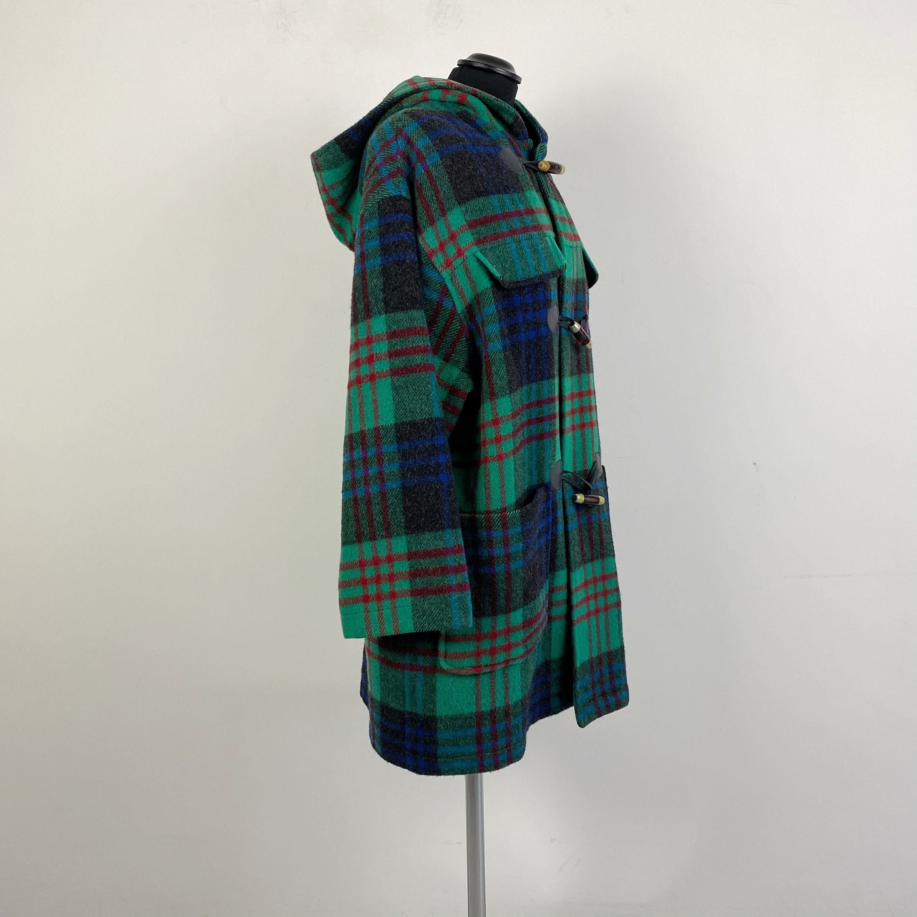 90s Vintage Plaid Duffle Coat, Colorful Plaid Coat