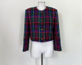 Vintage Agnes B Wool Checkered Jacket: 90s Knit Sleeve, Size Small
