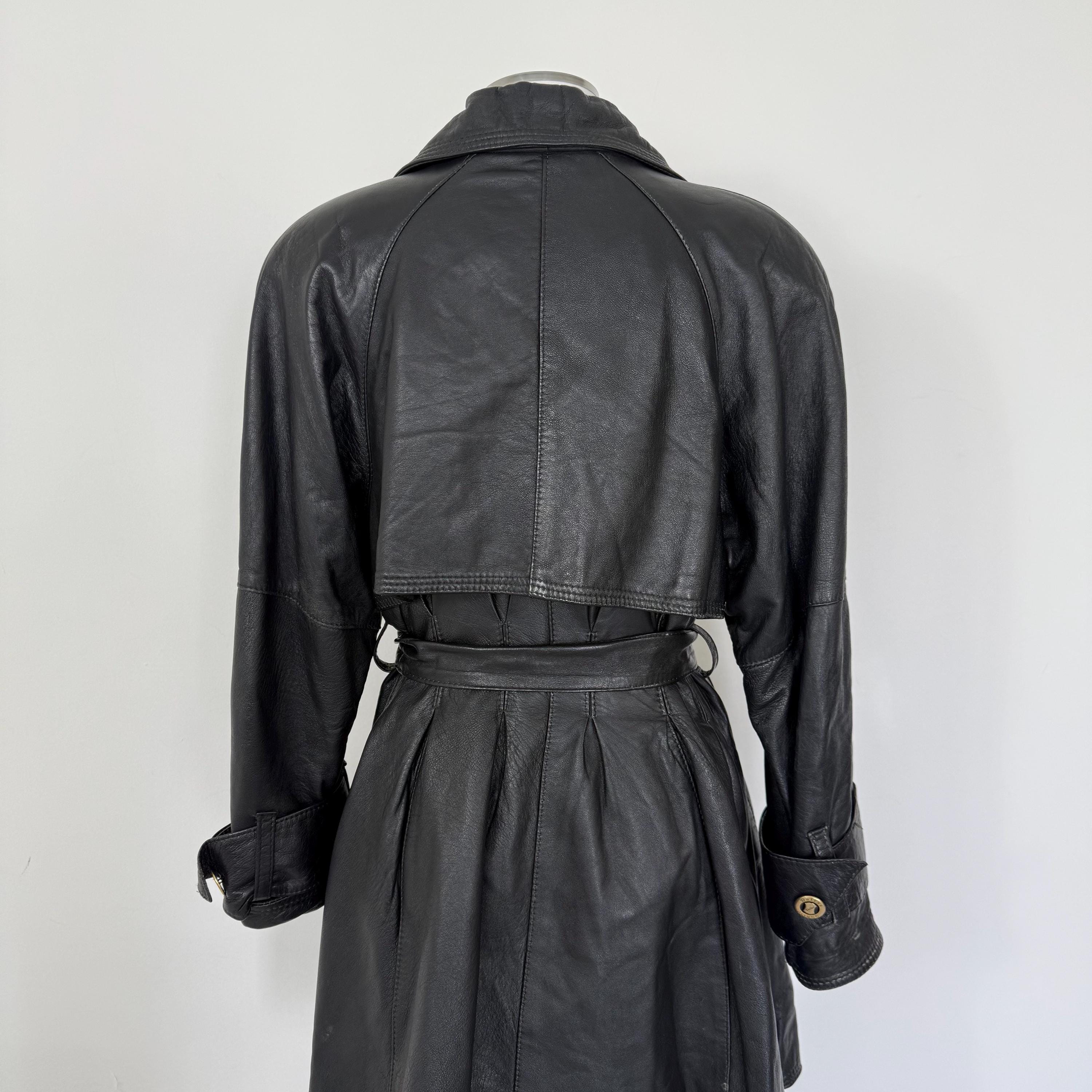 Vintage 90s Black Leather Trench Coat, Oversized Trench Coat
