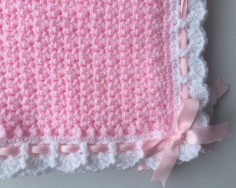 Crochet baby blanket with Ribbon bow edging