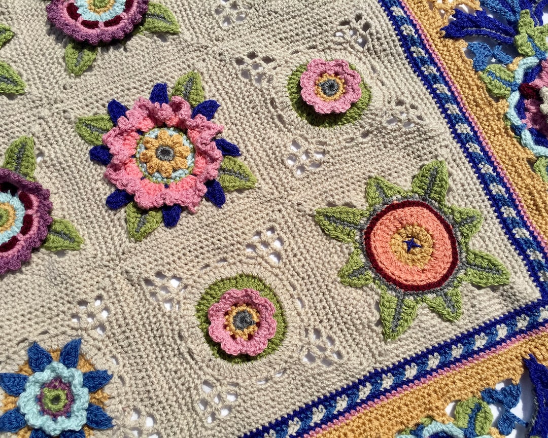 Fruit Garden Crochet Blanket, Arts and Crafts Style Lap Blanket With