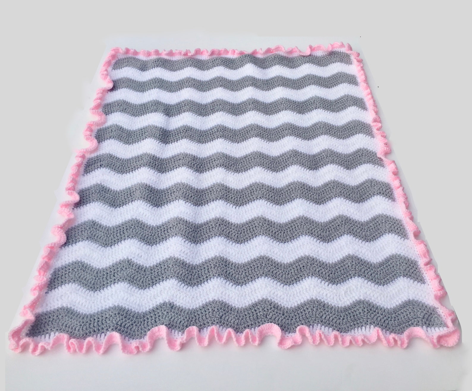 Chevron Crochet Baby Blanket With Ruffle Edging Etsy UK