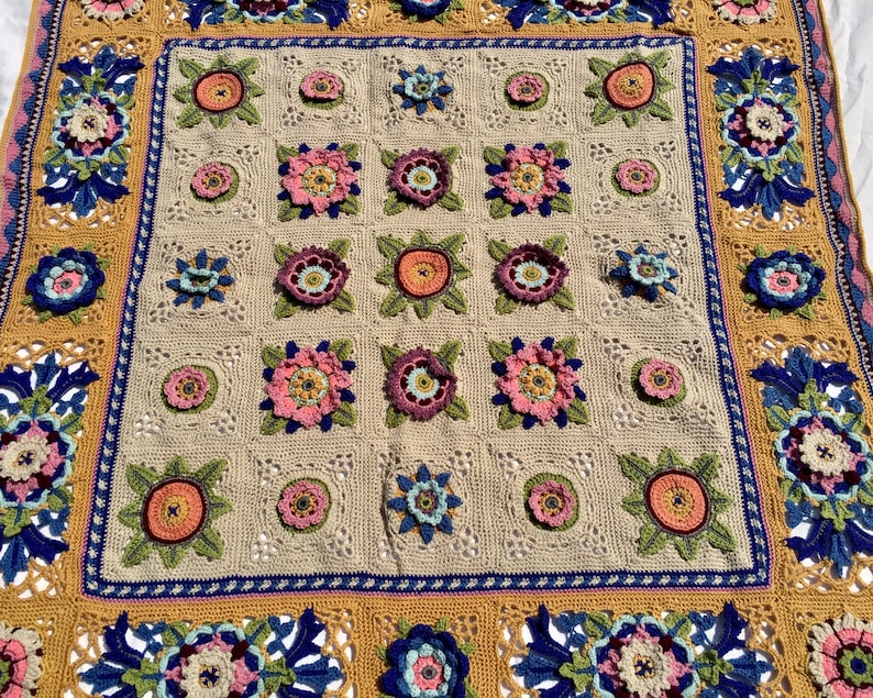 Fruit Garden Crochet Blanket, Arts and Crafts Style Lap Blanket With