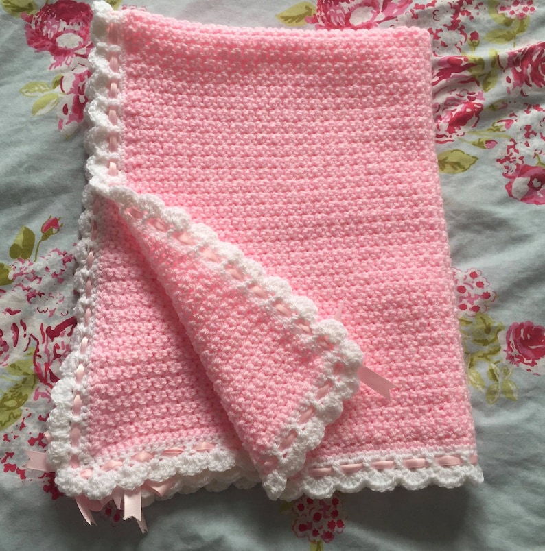 Crochet baby blanket with Ribbon bow edging Etsy