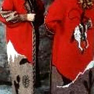 May include: Two long red coats with a brown and white patterned design. The coats have a collar and long sleeves. The pattern on the coats resembles a mountain range.