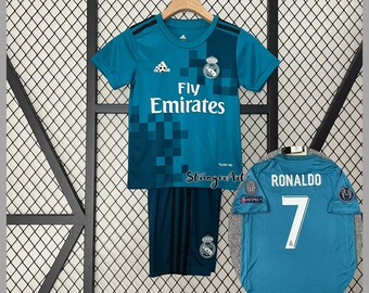 Retro Kids C. Ronal-do No.7 Football Uniform 2017-2018 Real Madrid Blue Jersey Second Away Fan Jersey Set vintage soccer shirt, gift for him