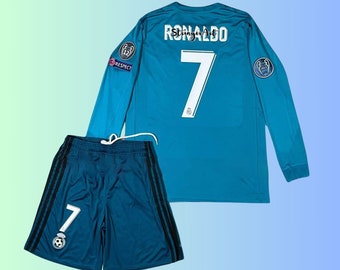 Retro Real Madrid 2017-2018 Blue Full Kit Cristiano Ronaldo No. 7 Champions League Jersey, Shorts - Short & Long Sleeve Football Uniform