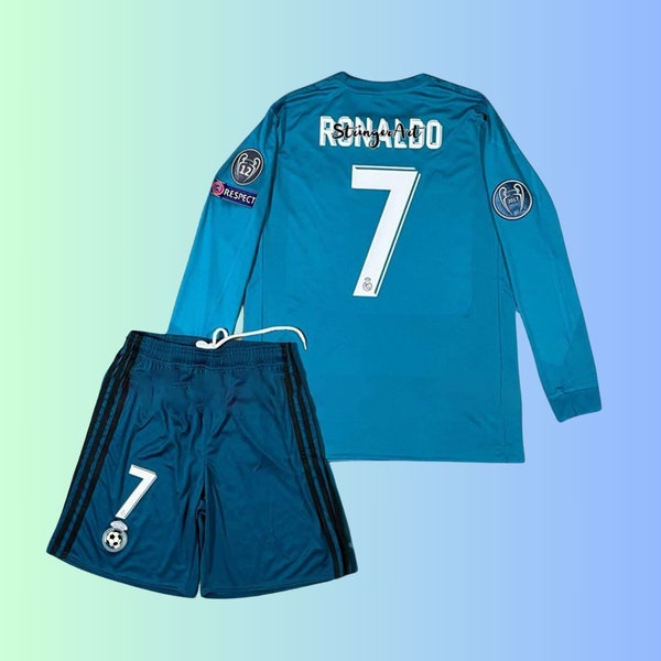 Retro Real Madrid 2017-2018 Blue Full Kit Cristiano Ronaldo No. 7 Champions League Jersey, Shorts - Short & Long Sleeve Football Uniform