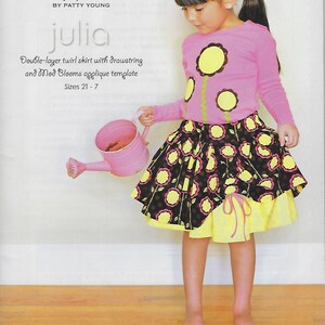 Sewing pattern for girls.  Julia:  double layer twirl skirt with drawstring and applique template for top.  Size 2T - 7.