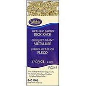 May include: Gold metallic jumbo rick rack trim, 2 1/2 yards long. The packaging shows the product name "Metallic Jumbo Rick Rack" and the brand name "Brights".