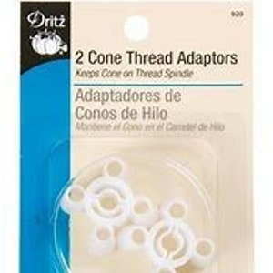 May include: Two white plastic cone thread adaptors for sewing machines. The packaging says "2 Cone Thread Adaptors" and "Keeps Cone on Thread Spindle".