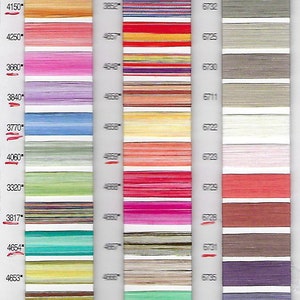 May include: A color chart of embroidery floss with a variety of colors, including yellow, orange, pink, red, green, blue, purple, and gray. The chart is labeled with numbers and the brand name "AURIfil" with the tagline "Feeling the thread of your passion."