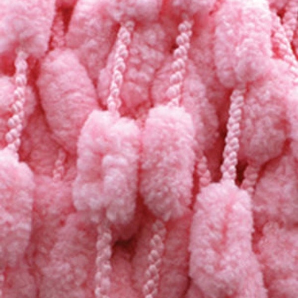 Bernat Baby Pompom yarn.  I have 3 colors: green, funny prints and candy floss pink.