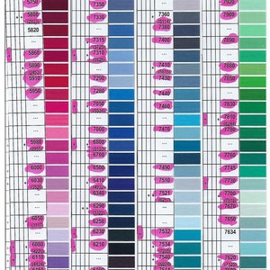 May include: A colour chart with 10 rows of thread samples. The chart is divided into 10 columns, each representing a different shade of thread. The shades range from dark red to light green. The thread numbers are listed next to each sample. The chart is labelled with the numbers 5, 6, 7, and 8, indicating the different shade ranges.