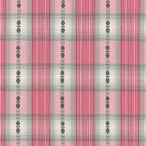 Könnte beinhalten: Ein pinkfarbener und grauer karierter Stoff mit einem schwarzen geometrischen Muster.