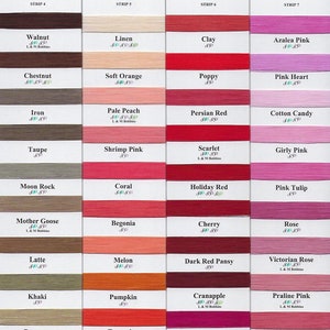 May include: A color chart of 3-ply cotton embroidery floss with 120 different colors. The chart is divided into 4 strips, each with 30 colors. The colors are arranged in rows of 5. The colors are named and numbered. The chart is made by L & M Bobbins.