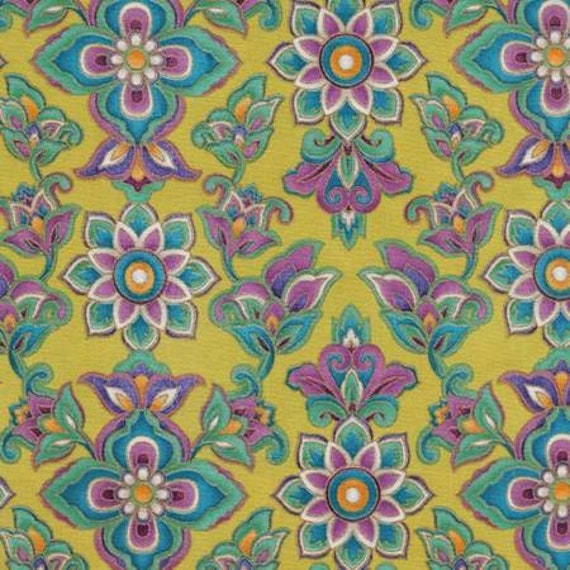 Cotton fabric by the yard.  Paisley Moon by Michael Miller is a gold metallic, 100 percent cotton fabric.