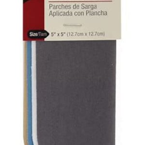 May include: Four 5-inch by 5-inch twill iron-on patches in beige, blue, gray, and dark gray. The package says "Dritz 4 Twill Iron-On Patches" and "Parches de Sarga Aplicada con Plancha".