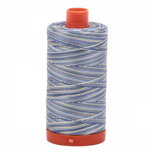 May include: A spool of blue and white striped thread with a red plastic bobbin.