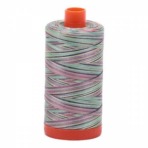 May include: A spool of multi-colored thread with a bright orange plastic bobbin. The thread is a mix of pink, green, blue, and white.