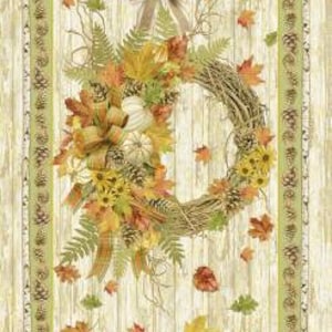 Fabric panel.  Fall or Thanksgiving gold metallic fabric by Timeless Treasures.  Autumn wreath fabric.