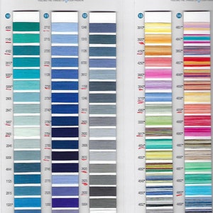May include: A color chart of Aurifil thread spools, showcasing a wide array of hues. The chart displays numbered thread samples in shades of teal, blue, gray, yellow, pink, and more. The "AURIfil" logo is visible at the top.
