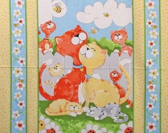 Fabric panel for kids.  Purrl quilt panel by Susybee.  Fabric made in Korea.  A cats and bees children's panel.