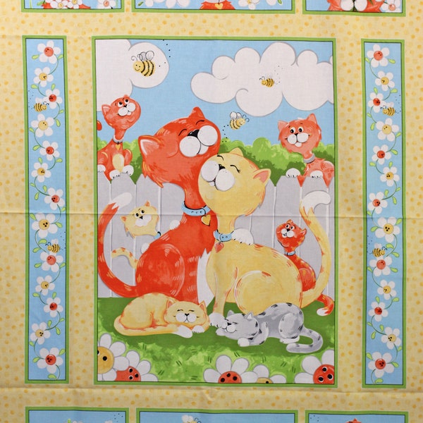 Fabric panel for kids.  Purrl quilt panel by Susybee.  Fabric made in Korea.  A cats and bees children's panel.