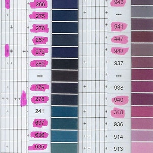 May include: A color chart with numbered swatches of blue, teal, green, gray, purple, pink, and white. The chart is divided into columns with measurements in meters.