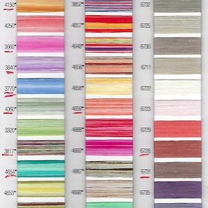 Puede incluir: Una carta de colores de hilo de bordar con una variedad de colores, incluyendo amarillo, naranja, rosa, rojo, verde, azul, morado y gris. La carta est&aacute; etiquetada con n&uacute;meros y el nombre de la marca "AURIfil" con el lema "Feeling the thread of your passion".