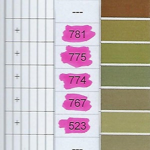 May include: A color chart with numbered swatches of different shades of green, brown, and yellow. The numbers are written in pink on the left side of the chart.