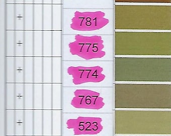 May include: A color chart with numbered swatches of different shades of green, brown, and yellow. The numbers are written in pink on the left side of the chart.