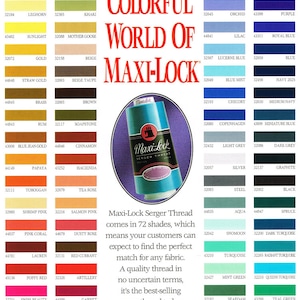 May include: A color chart showing 72 shades of Maxi-Lock Serger Thread. The chart is divided into columns with each shade labeled with a number and a name. The text "Maxi-Lock Serger Thread comes in 72 shades, which means your customers can expect to find the perfect match for any fabric. A quality thread in no uncertain terms, it's the best-selling serger thread today." is printed below the chart. The text "Article 51 (3000 yd.) available in all colors. Article 60 (6000 yd.) available in white, black and eggshell only." is printed at the bottom of the chart.
